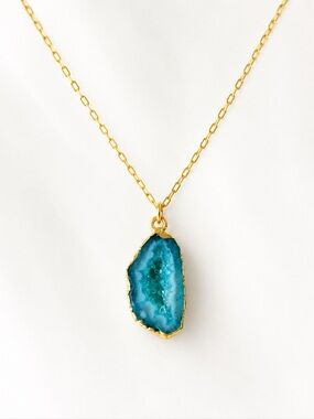 18K Gold Plated Blue Geode Druzy Slice Boho Necklace
